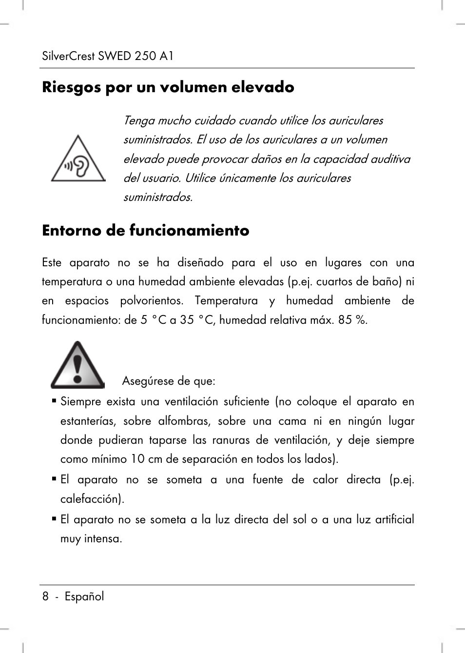 Riesgos por un volumen elevado, Entorno de funcionamiento | Silvercrest SWED 250 A1 User Manual | Page 10 / 158