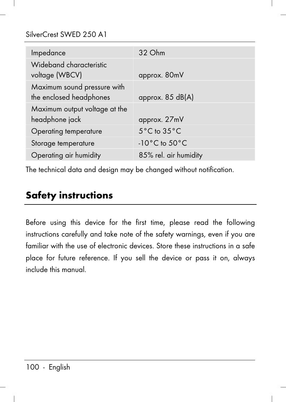 Safety instructions | Silvercrest SWED 250 A1 User Manual | Page 102 / 158