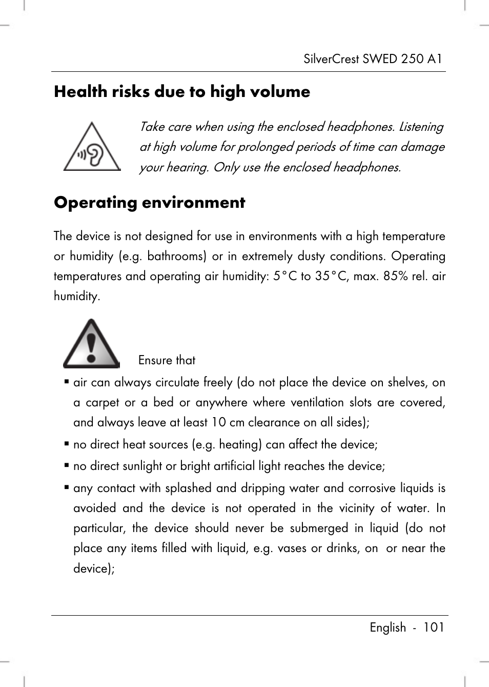 Health risks due to high volume, Operating environment | Silvercrest SWED 250 A1 User Manual | Page 103 / 158