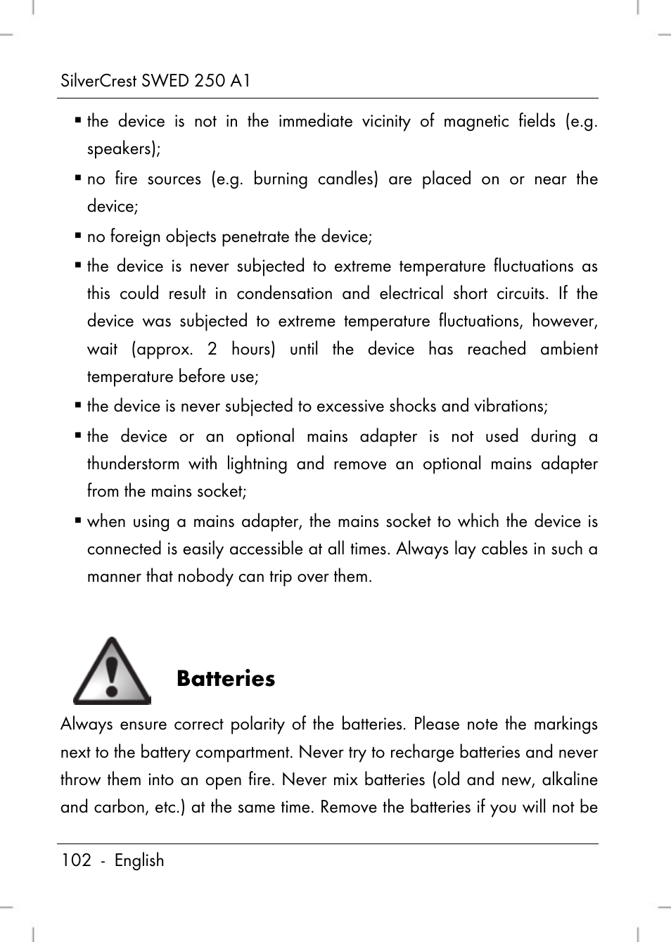 Batteries | Silvercrest SWED 250 A1 User Manual | Page 104 / 158