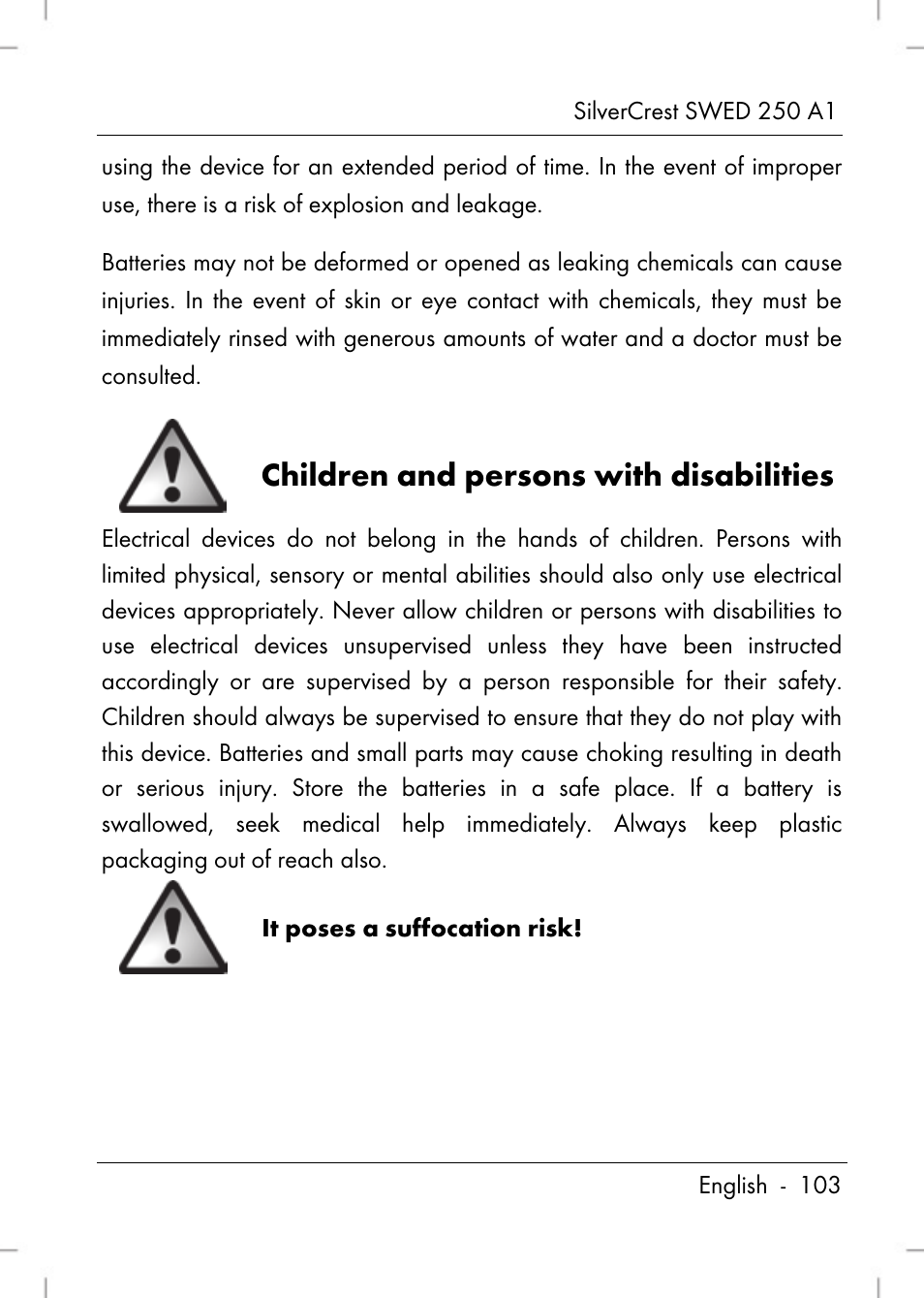 Children and persons with disabilities | Silvercrest SWED 250 A1 User Manual | Page 105 / 158