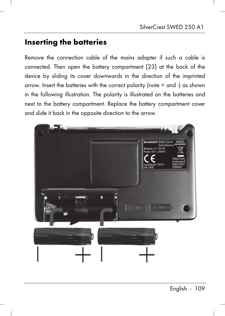 Inserting the batteries | Silvercrest SWED 250 A1 User Manual | Page 111 / 158