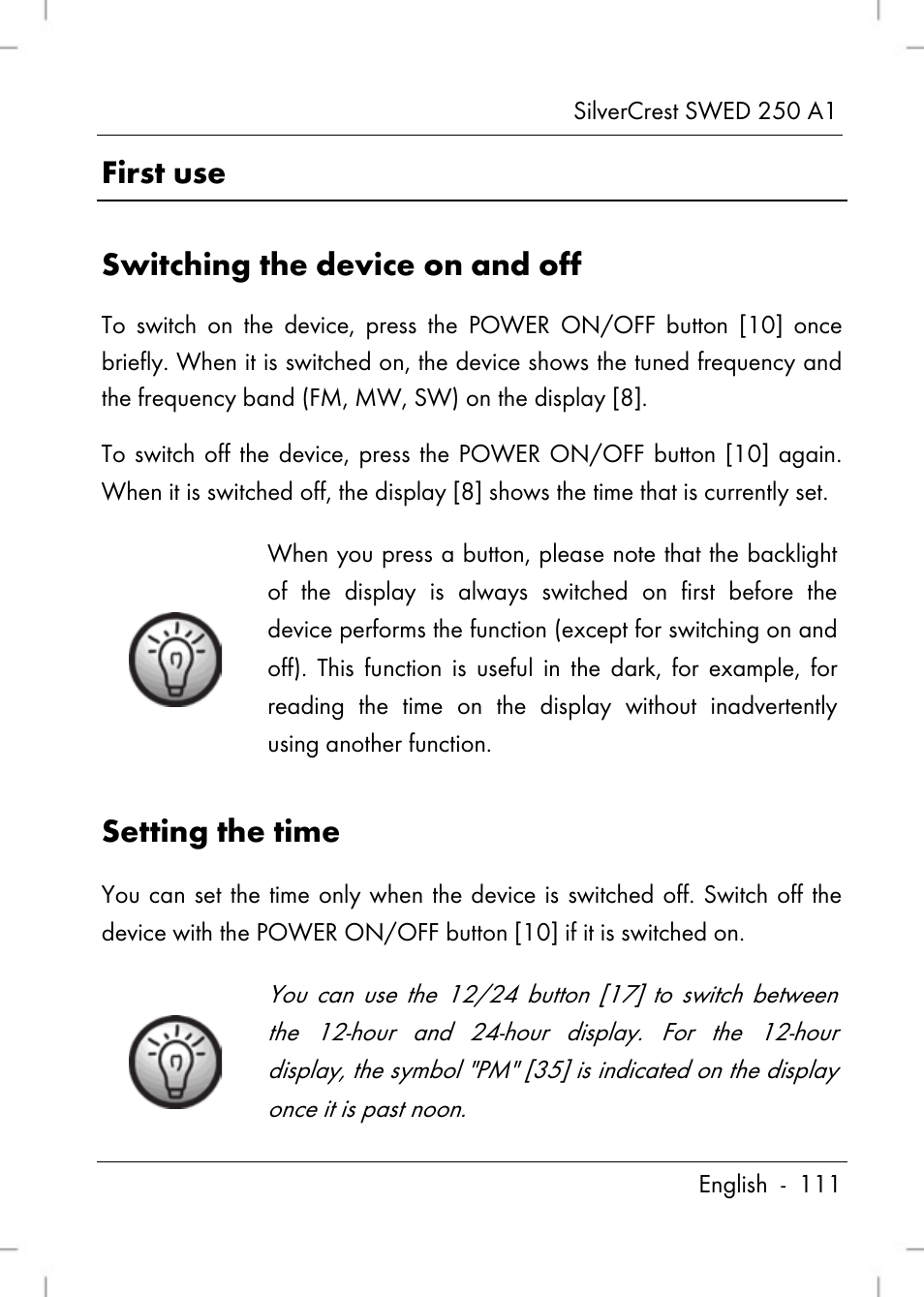 First use switching the device on and off, Setting the time | Silvercrest SWED 250 A1 User Manual | Page 113 / 158