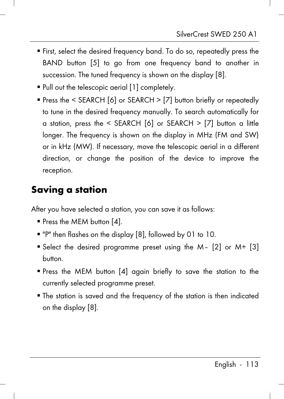 Saving a station | Silvercrest SWED 250 A1 User Manual | Page 115 / 158