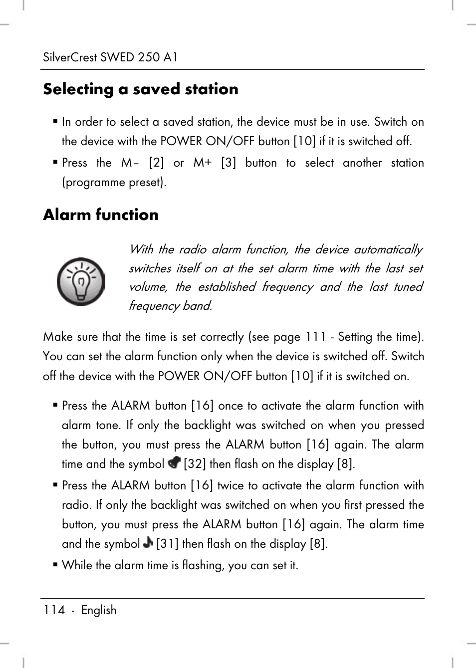 Selecting a saved station, Alarm function | Silvercrest SWED 250 A1 User Manual | Page 116 / 158