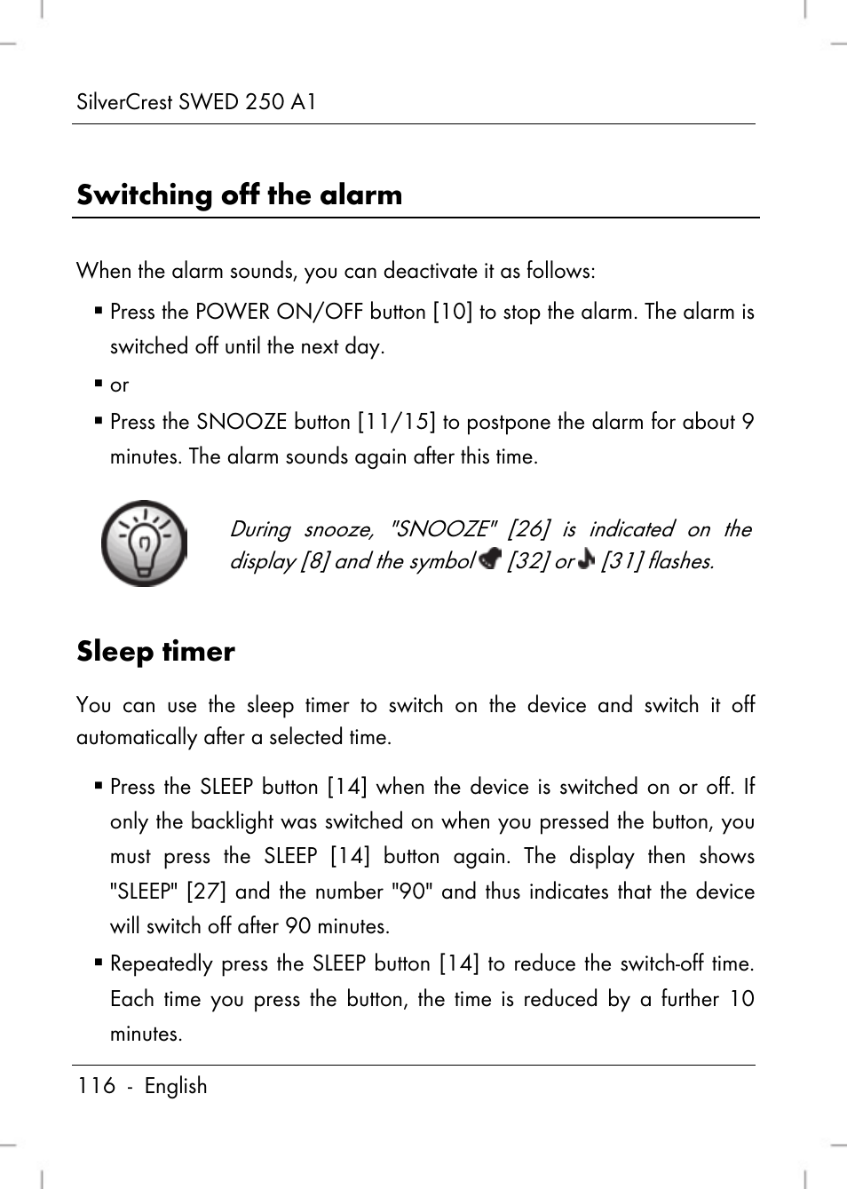 Switching off the alarm, Sleep timer | Silvercrest SWED 250 A1 User Manual | Page 118 / 158