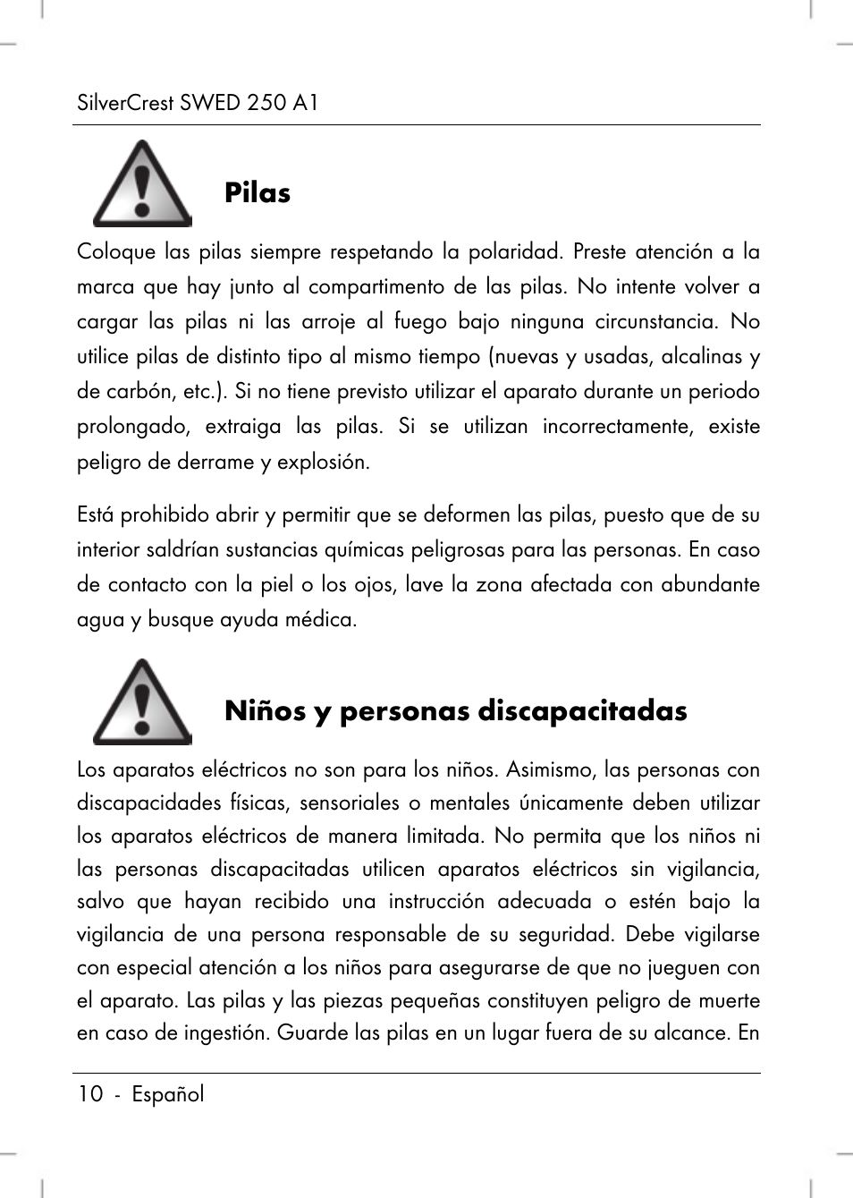 Pilas, Niños y personas discapacitadas | Silvercrest SWED 250 A1 User Manual | Page 12 / 158