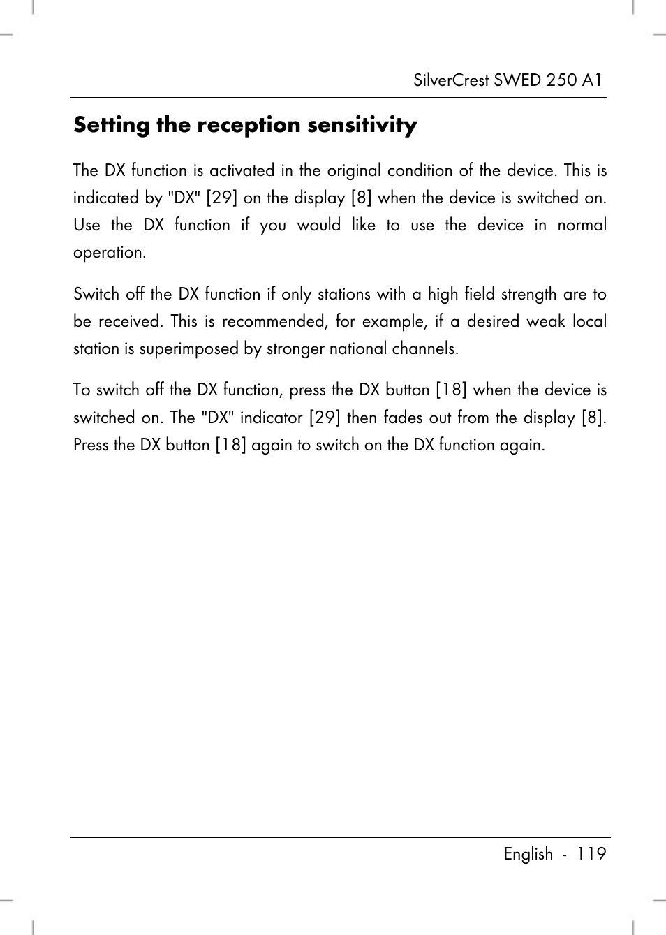 Setting the reception sensitivity | Silvercrest SWED 250 A1 User Manual | Page 121 / 158