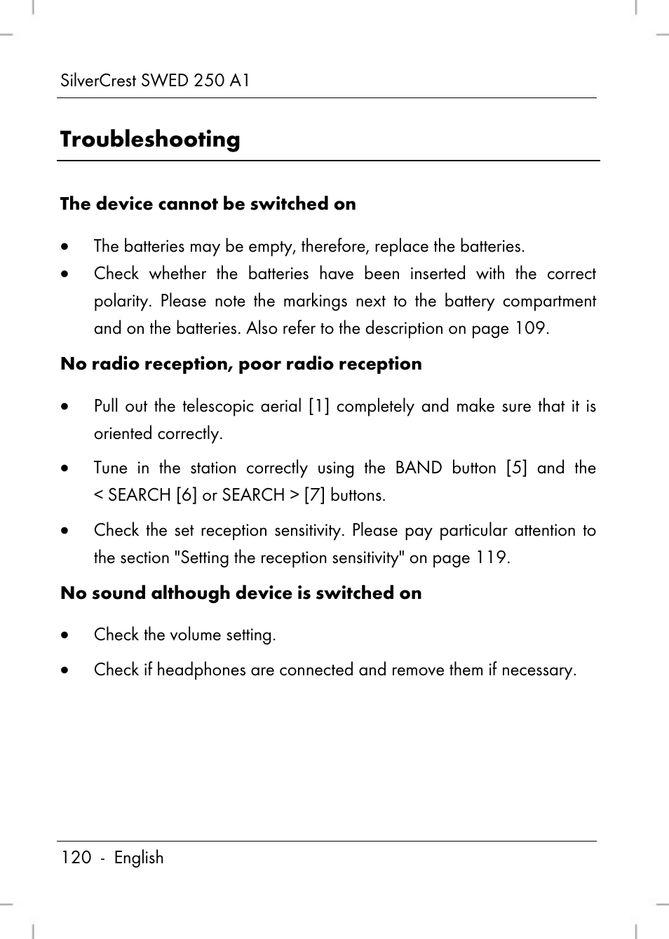 Troubleshooting | Silvercrest SWED 250 A1 User Manual | Page 122 / 158