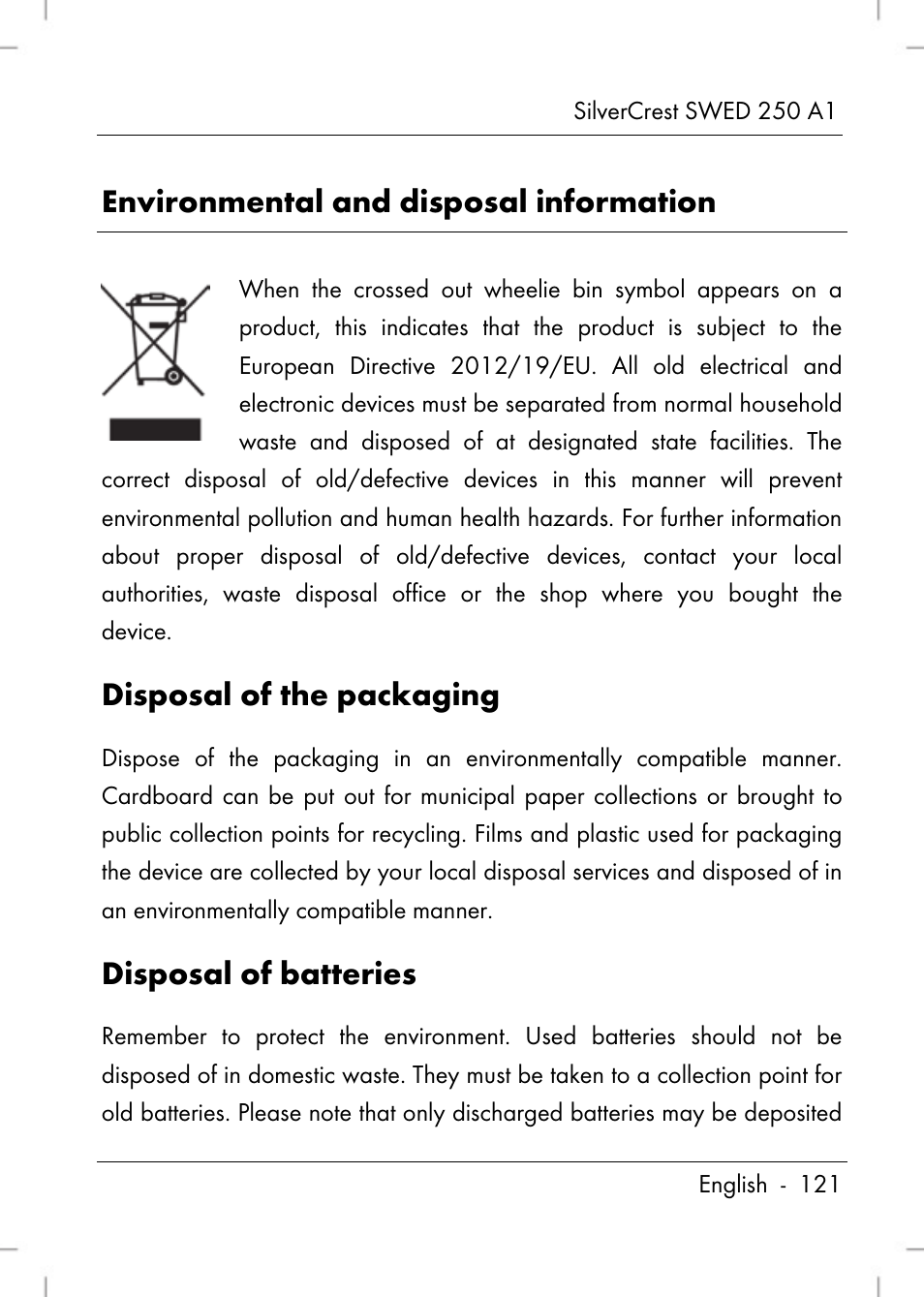 Environmental and disposal information, Disposal of the packaging, Disposal of batteries | Silvercrest SWED 250 A1 User Manual | Page 123 / 158