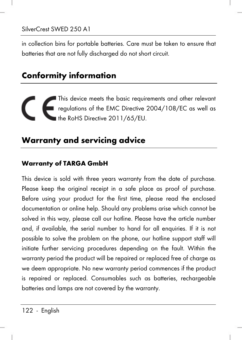 Conformity information, Warranty and servicing advice | Silvercrest SWED 250 A1 User Manual | Page 124 / 158