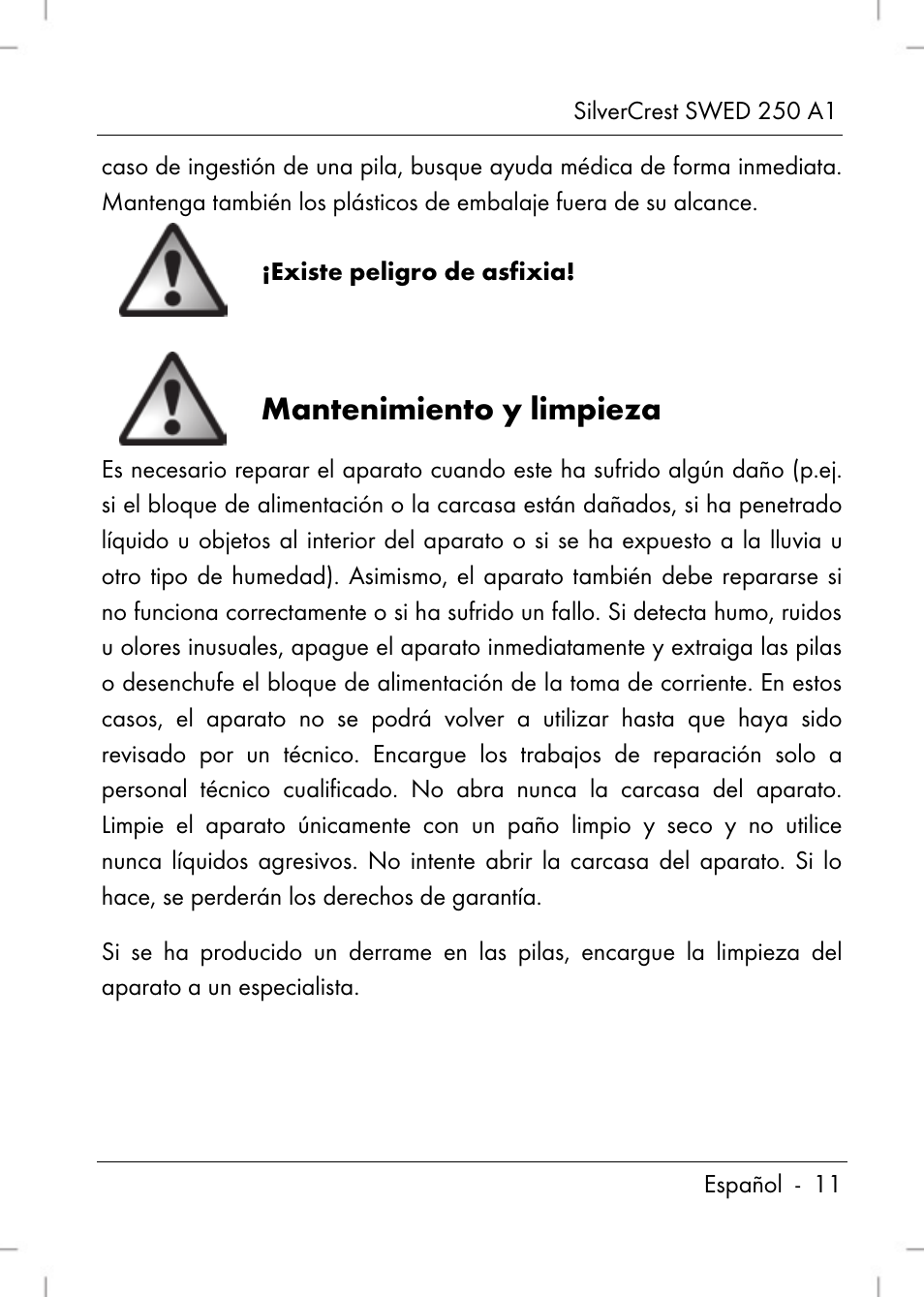 Mantenimiento y limpieza | Silvercrest SWED 250 A1 User Manual | Page 13 / 158