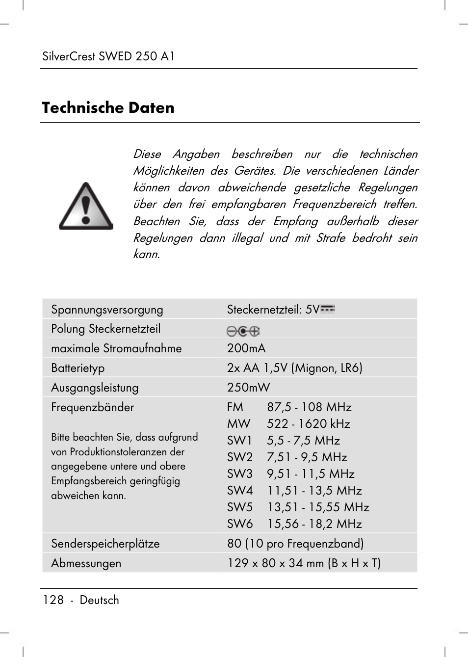 Technische daten | Silvercrest SWED 250 A1 User Manual | Page 130 / 158