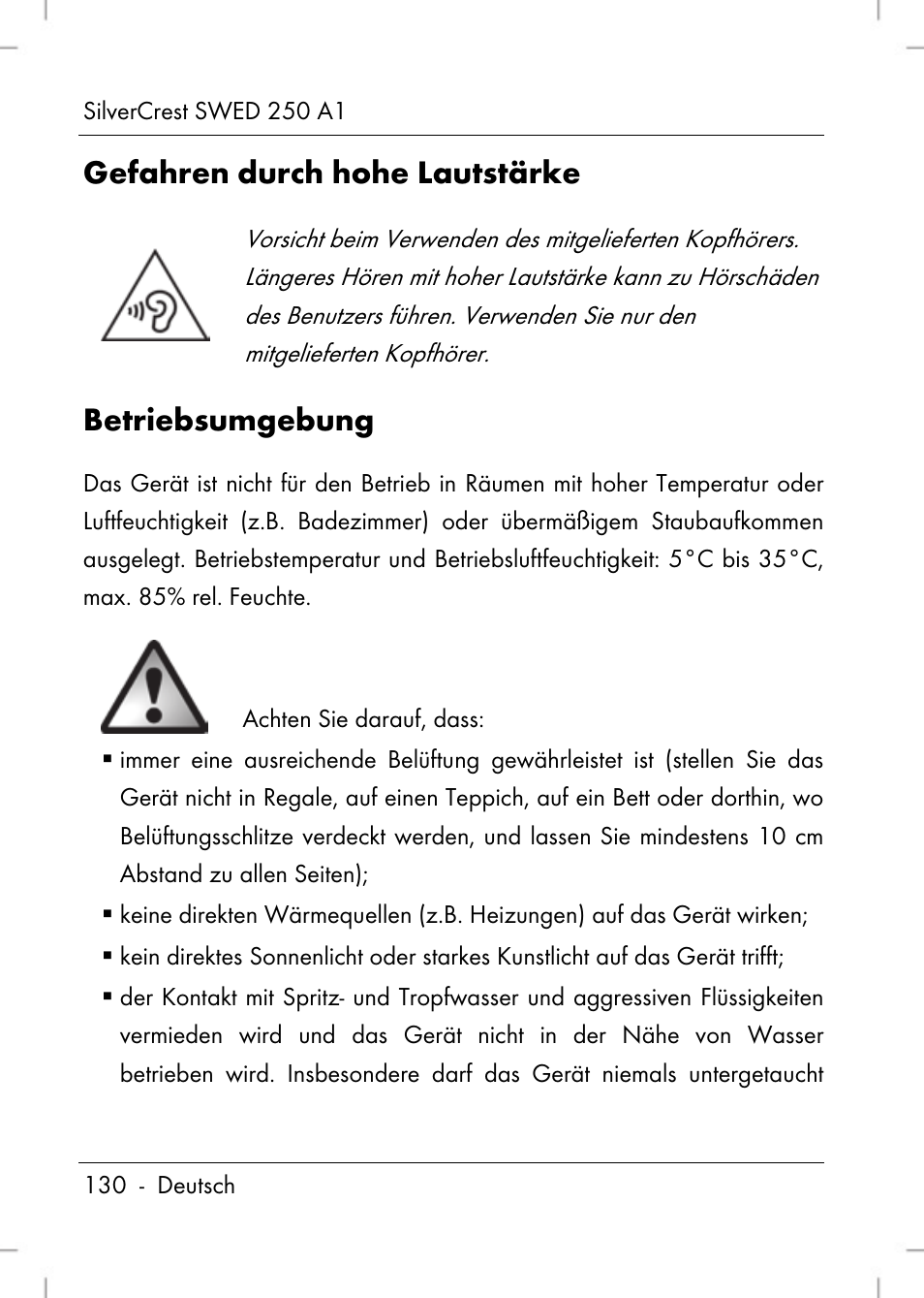 Gefahren durch hohe lautstärke, Betriebsumgebung | Silvercrest SWED 250 A1 User Manual | Page 132 / 158