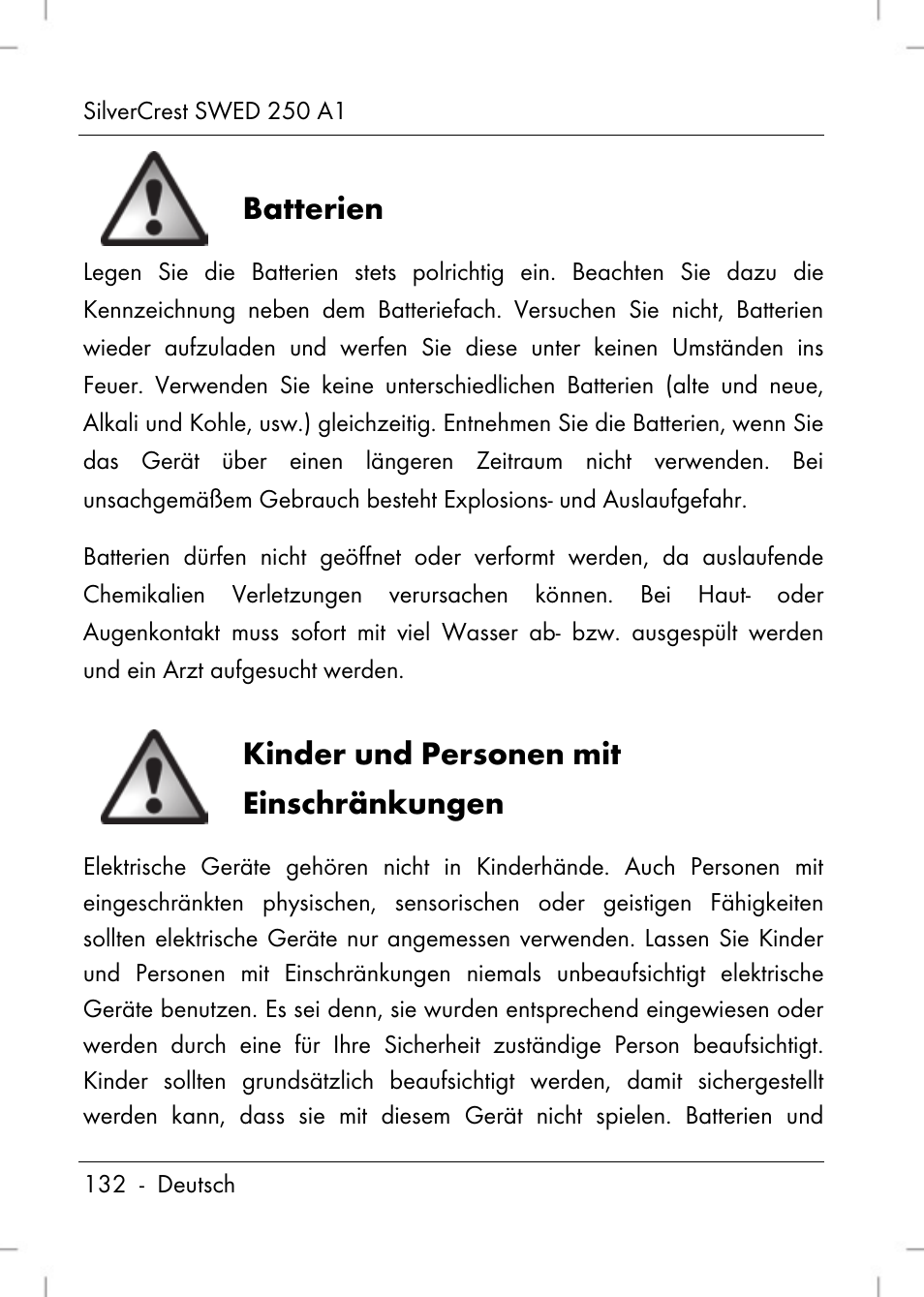 Batterien, Kinder und personen mit einschränkungen | Silvercrest SWED 250 A1 User Manual | Page 134 / 158