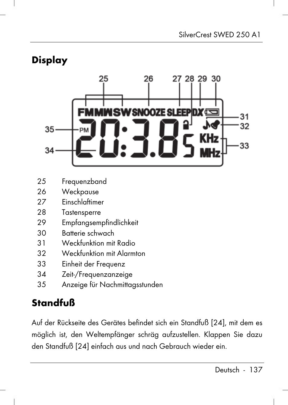 Display, Standfuß | Silvercrest SWED 250 A1 User Manual | Page 139 / 158