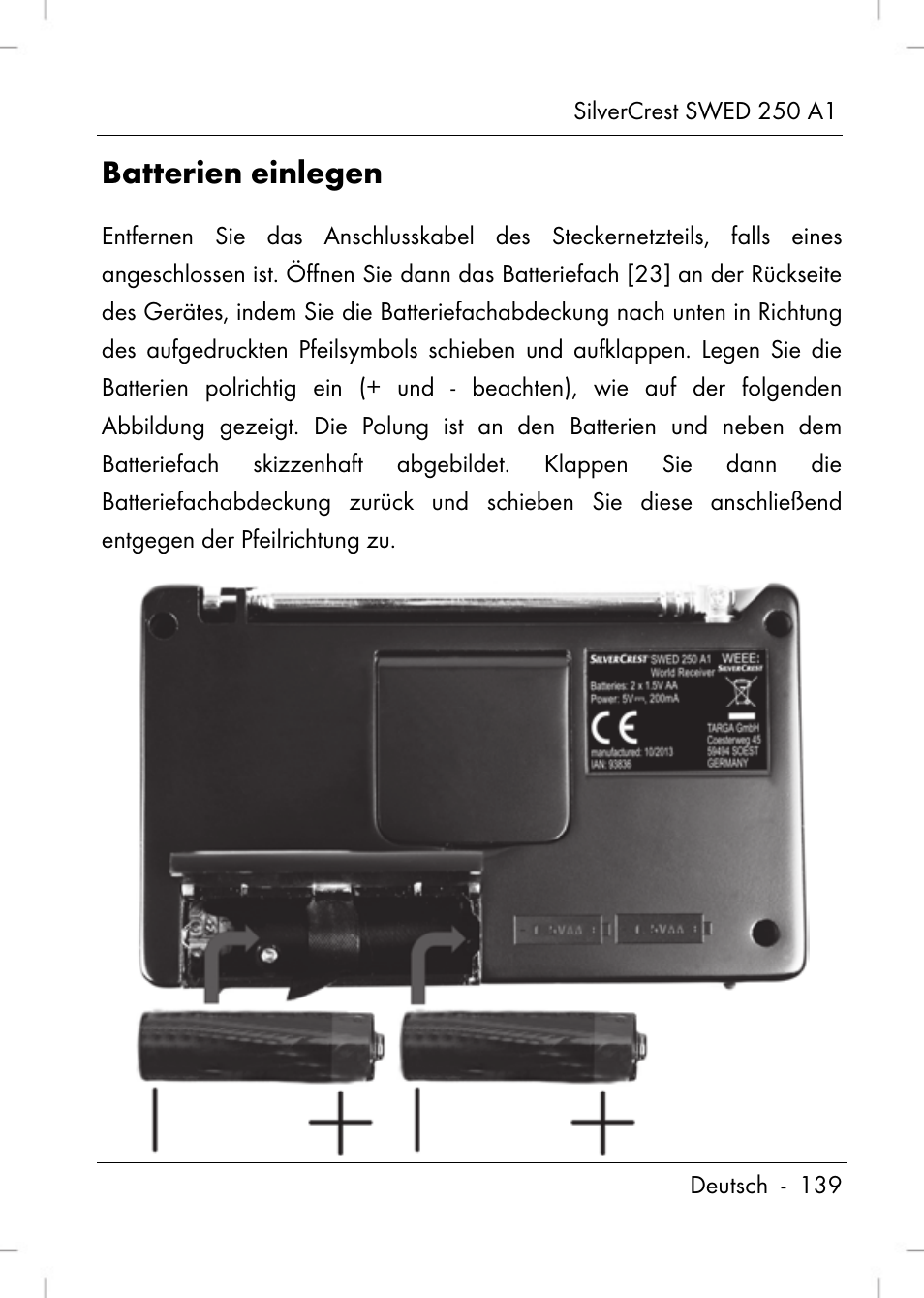 Batterien einlegen | Silvercrest SWED 250 A1 User Manual | Page 141 / 158