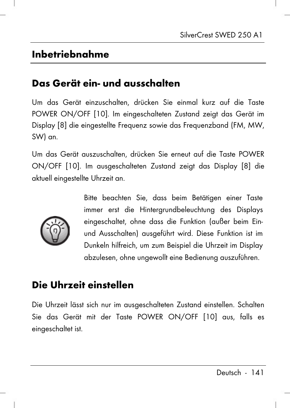 Inbetriebnahme das gerät ein- und ausschalten, Die uhrzeit einstellen | Silvercrest SWED 250 A1 User Manual | Page 143 / 158