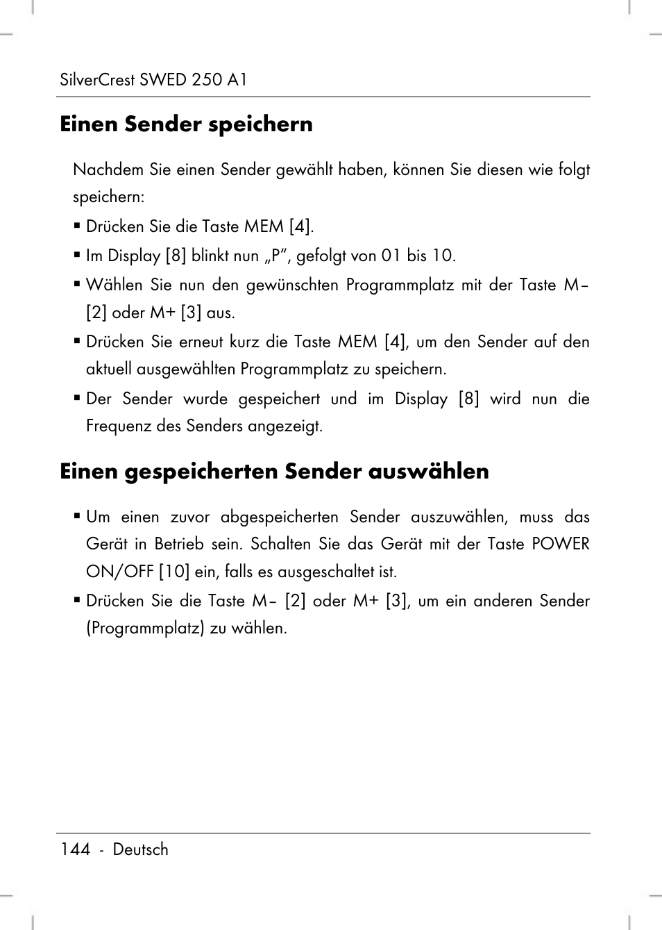 Einen sender speichern, Einen gespeicherten sender auswählen | Silvercrest SWED 250 A1 User Manual | Page 146 / 158
