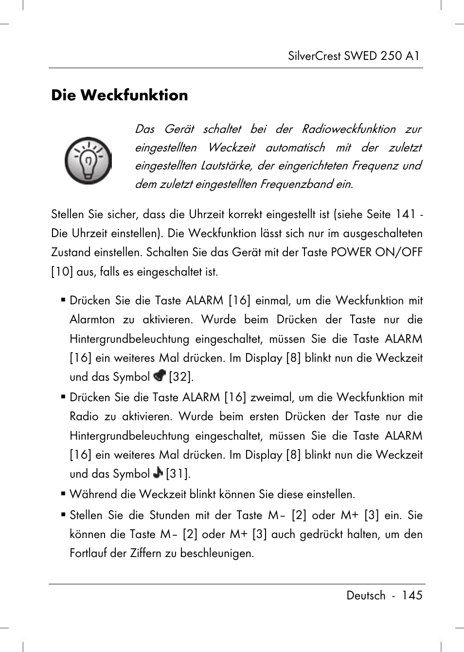 Die weckfunktion | Silvercrest SWED 250 A1 User Manual | Page 147 / 158