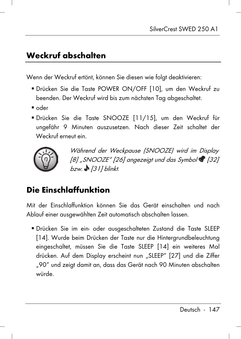 Weckruf abschalten, Die einschlaffunktion | Silvercrest SWED 250 A1 User Manual | Page 149 / 158