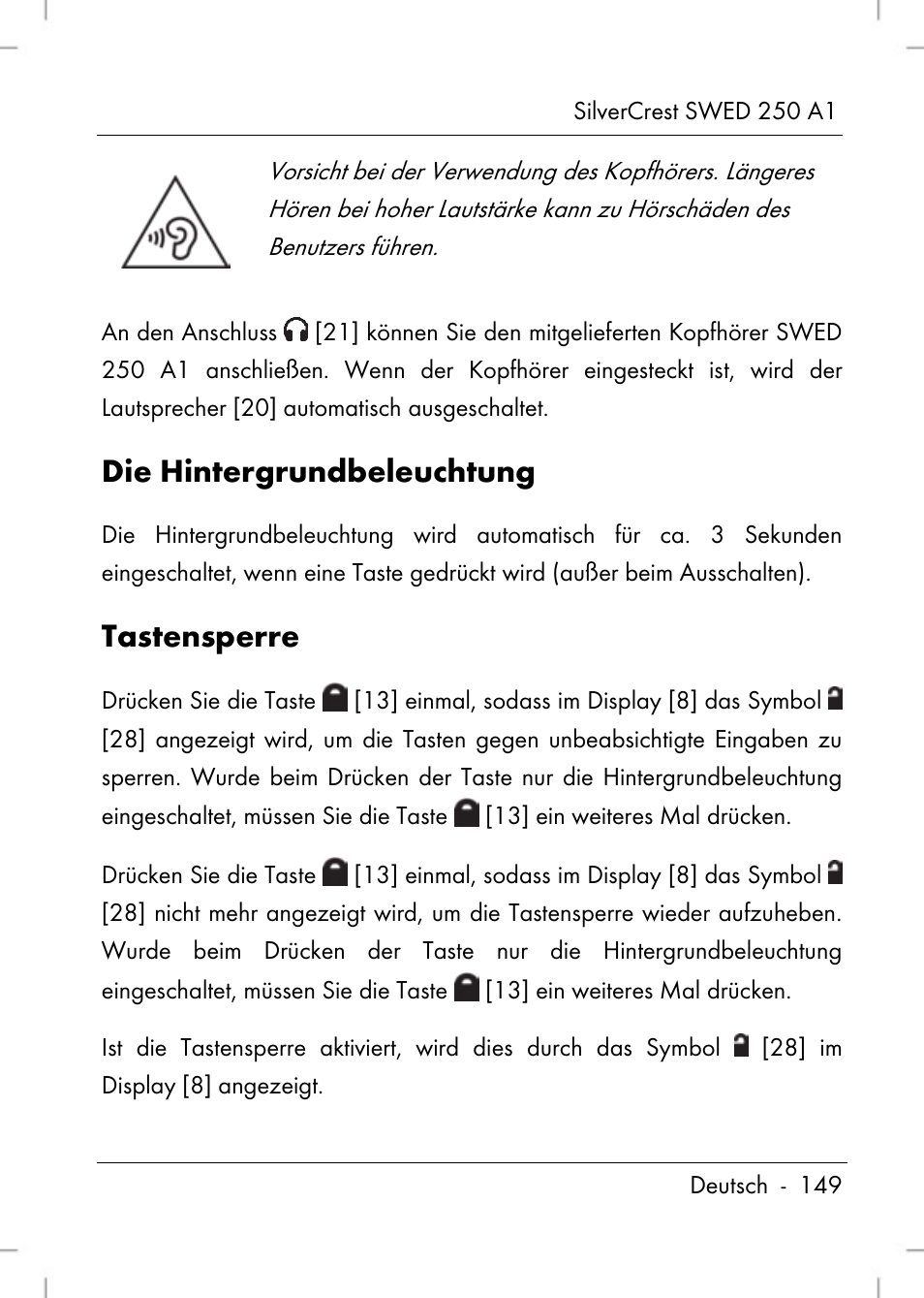 Die hintergrundbeleuchtung, Tastensperre | Silvercrest SWED 250 A1 User Manual | Page 151 / 158