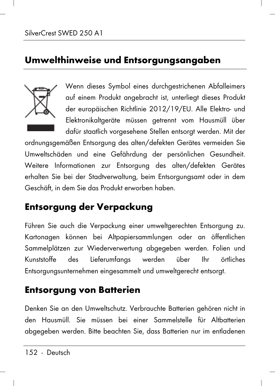 Umwelthinweise und entsorgungsangaben, Entsorgung der verpackung, Entsorgung von batterien | Silvercrest SWED 250 A1 User Manual | Page 154 / 158