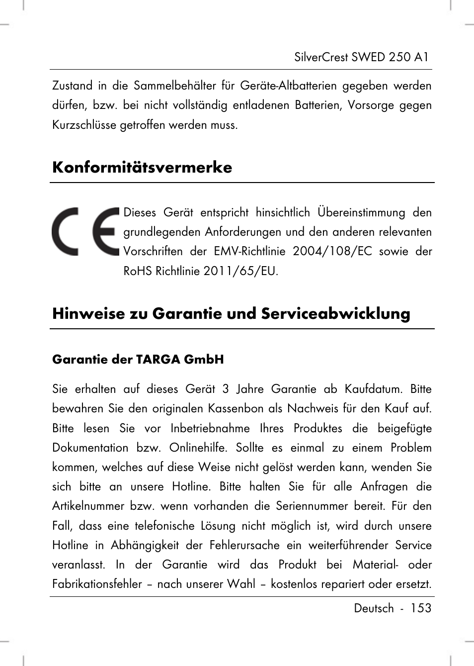 Konformitätsvermerke, Hinweise zu garantie und serviceabwicklung | Silvercrest SWED 250 A1 User Manual | Page 155 / 158