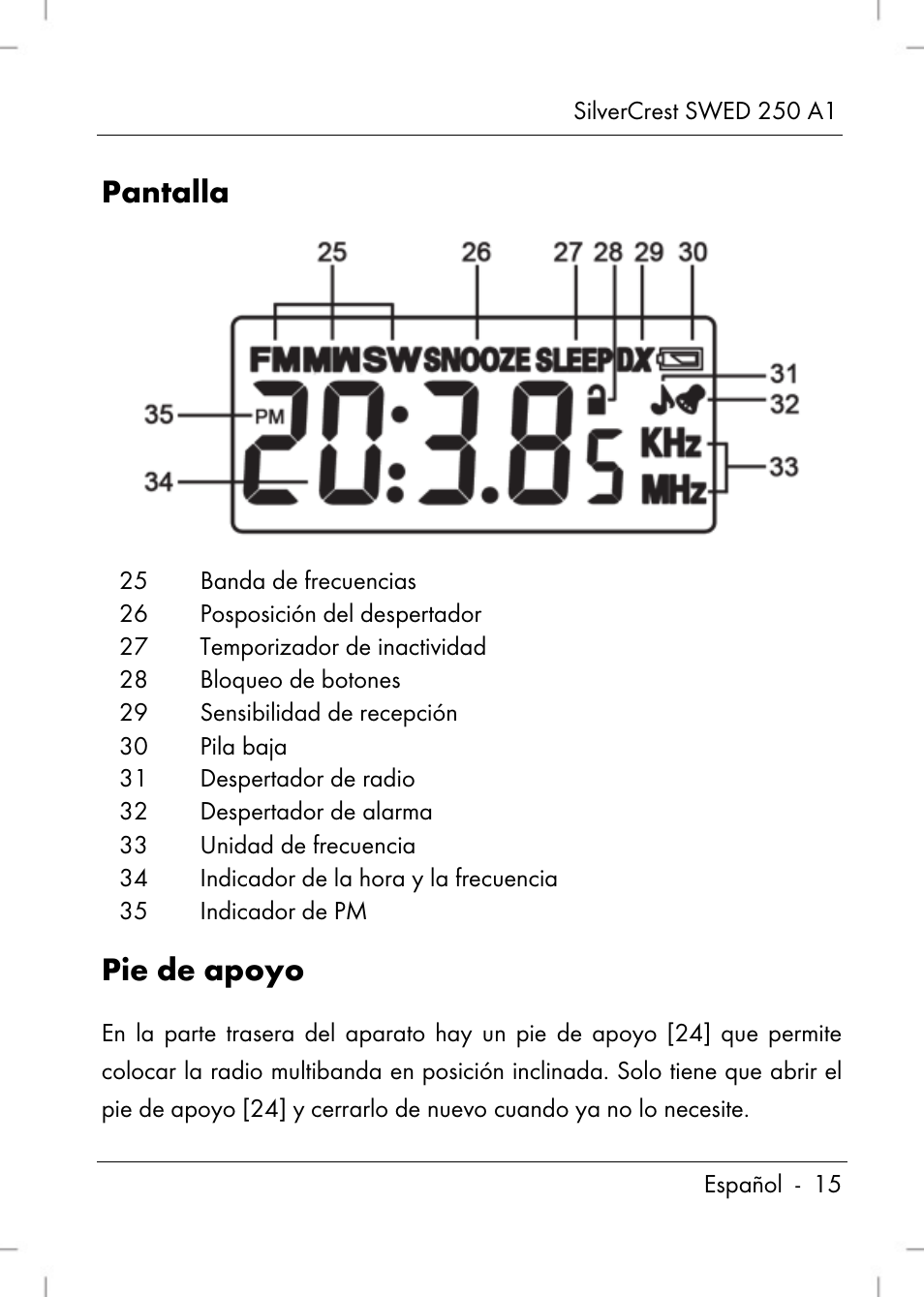 Pantalla, Pie de apoyo | Silvercrest SWED 250 A1 User Manual | Page 17 / 158