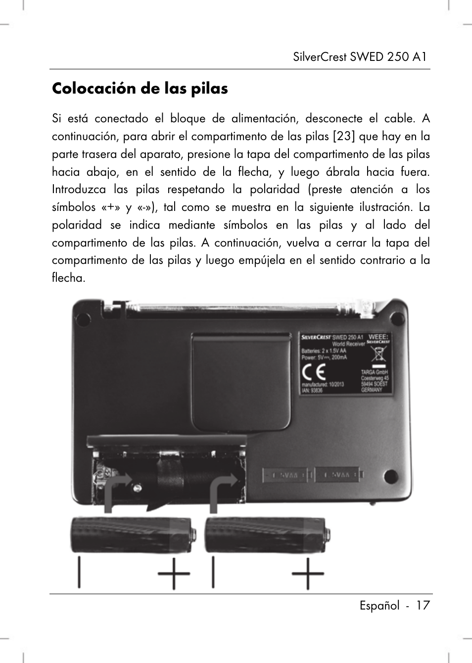 Colocación de las pilas | Silvercrest SWED 250 A1 User Manual | Page 19 / 158