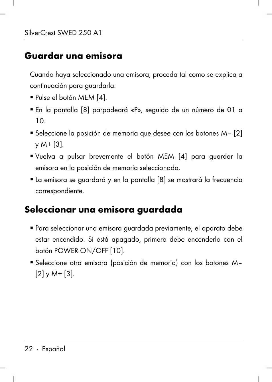 Guardar una emisora, Seleccionar una emisora guardada | Silvercrest SWED 250 A1 User Manual | Page 24 / 158