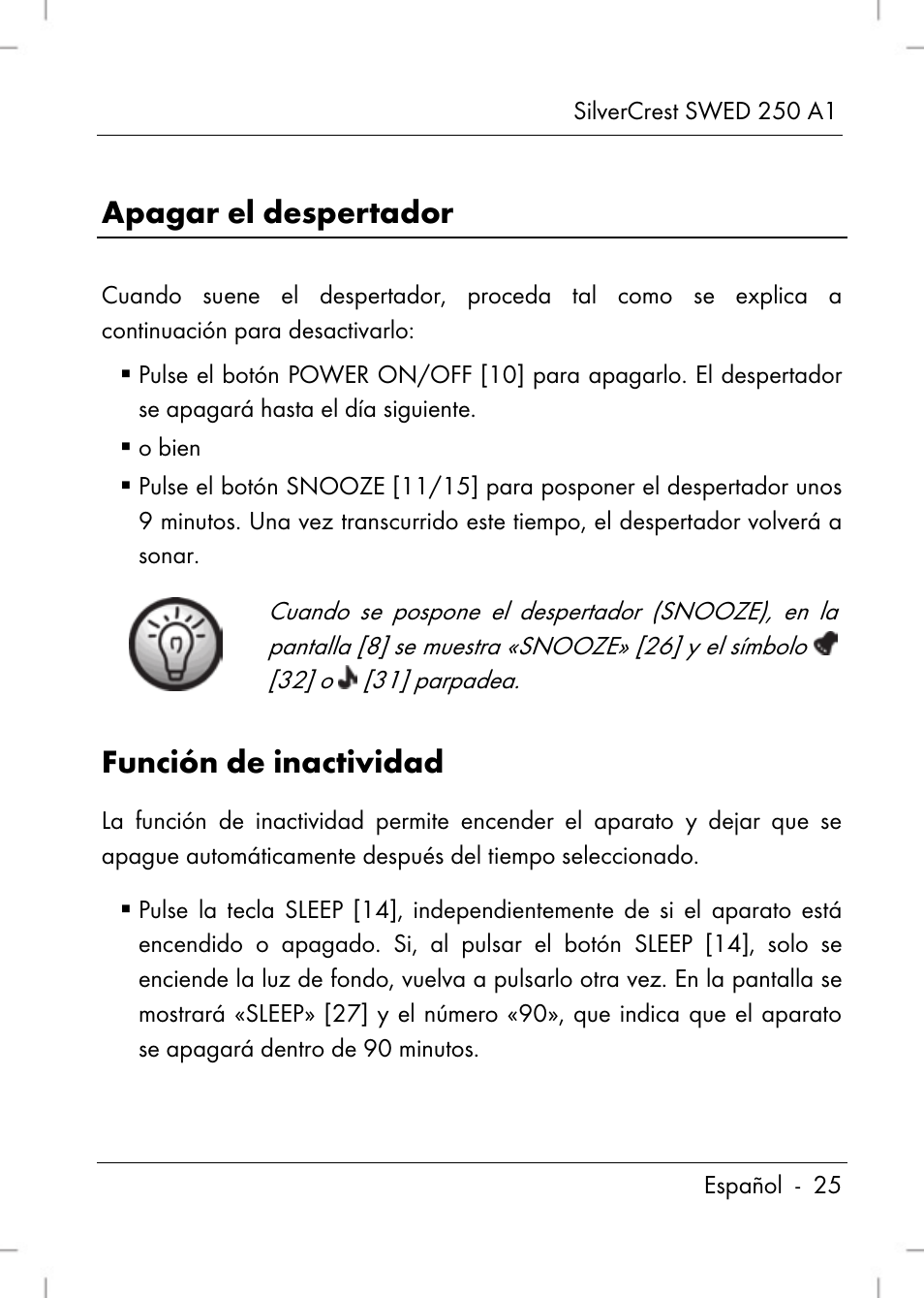 Apagar el despertador, Función de inactividad | Silvercrest SWED 250 A1 User Manual | Page 27 / 158