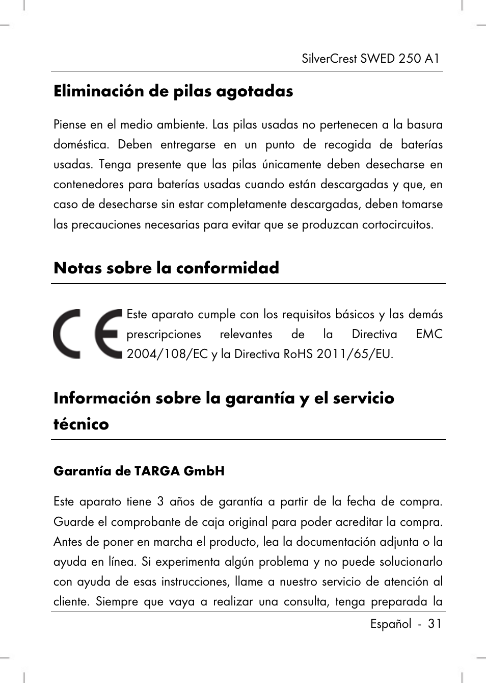 Eliminación de pilas agotadas, Notas sobre la conformidad | Silvercrest SWED 250 A1 User Manual | Page 33 / 158