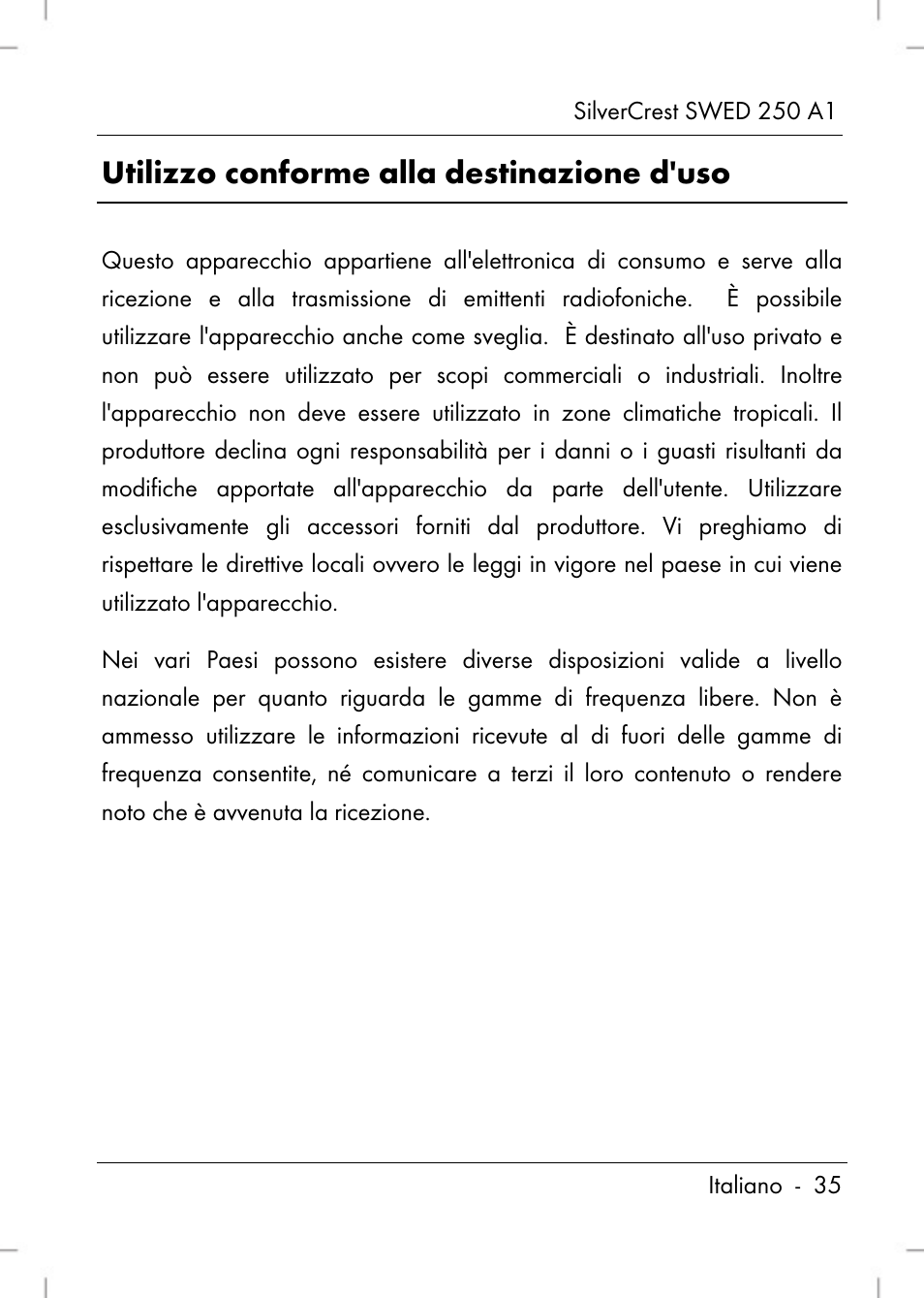 Utilizzo conforme alla destinazione d'uso | Silvercrest SWED 250 A1 User Manual | Page 37 / 158