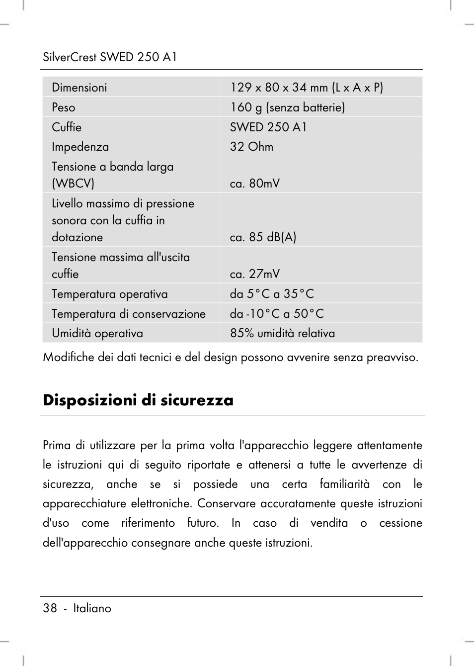 Disposizioni di sicurezza | Silvercrest SWED 250 A1 User Manual | Page 40 / 158