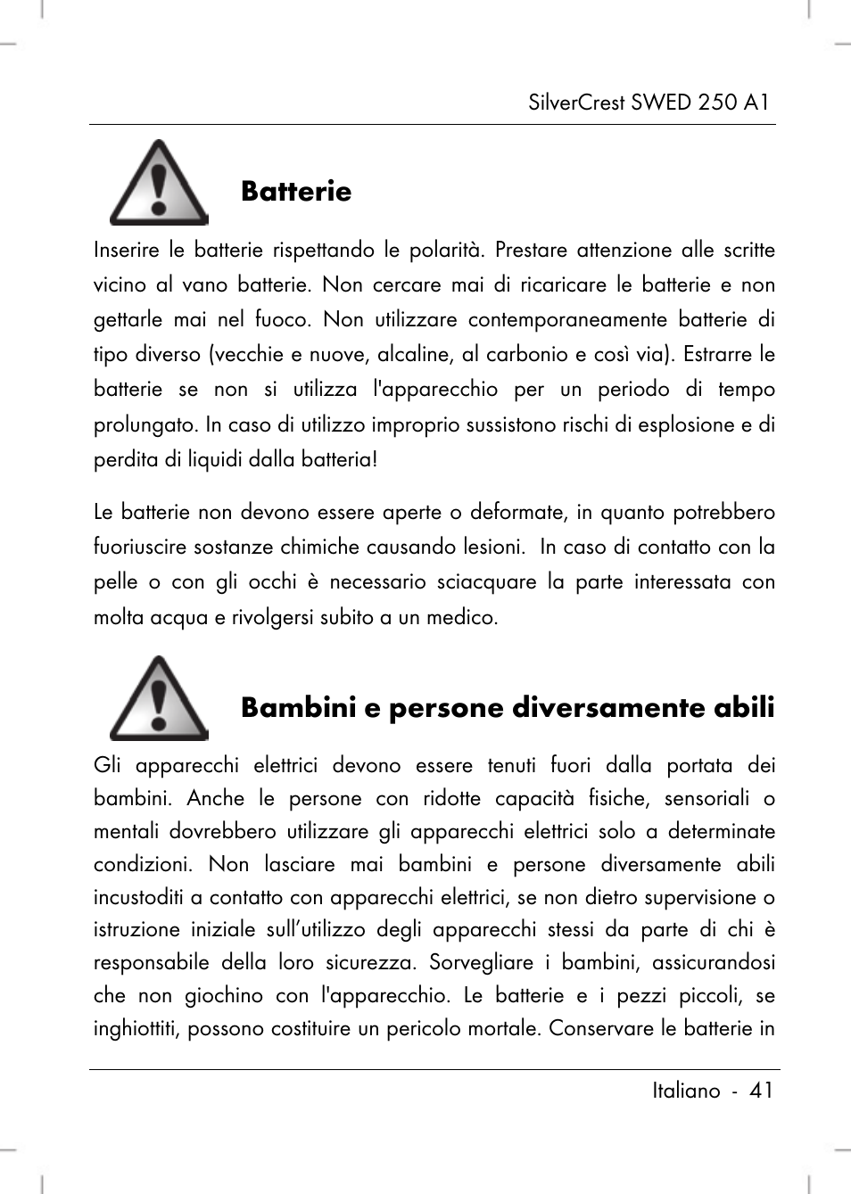 Batterie, Bambini e persone diversamente abili | Silvercrest SWED 250 A1 User Manual | Page 43 / 158