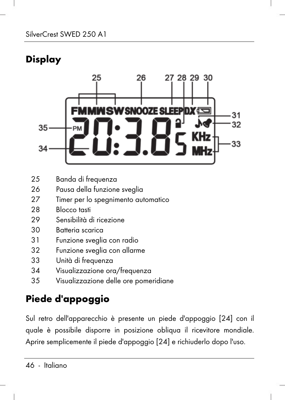 Display, Piede d'appoggio | Silvercrest SWED 250 A1 User Manual | Page 48 / 158