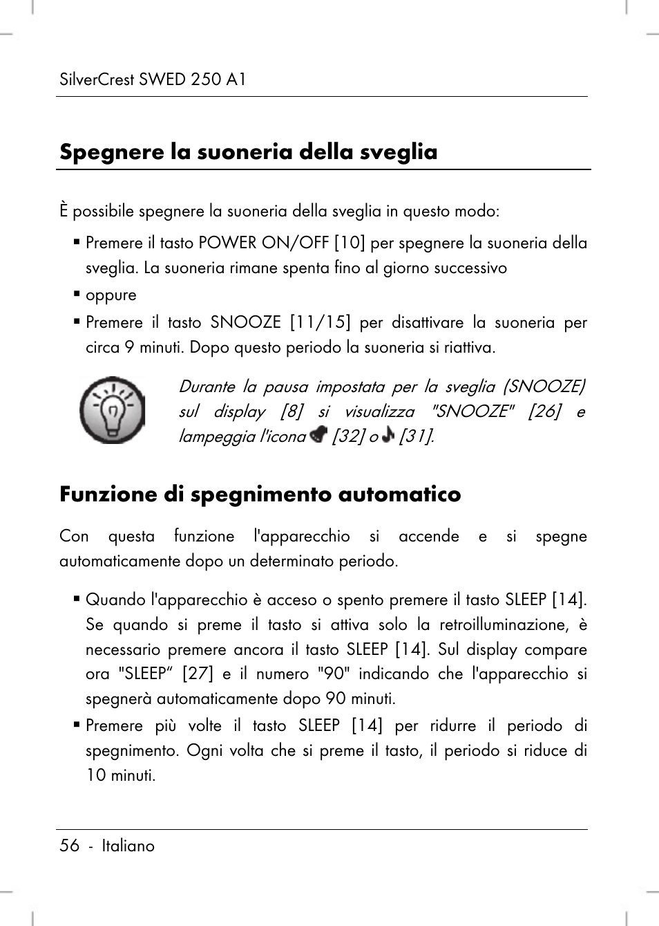 Spegnere la suoneria della sveglia, Funzione di spegnimento automatico | Silvercrest SWED 250 A1 User Manual | Page 58 / 158
