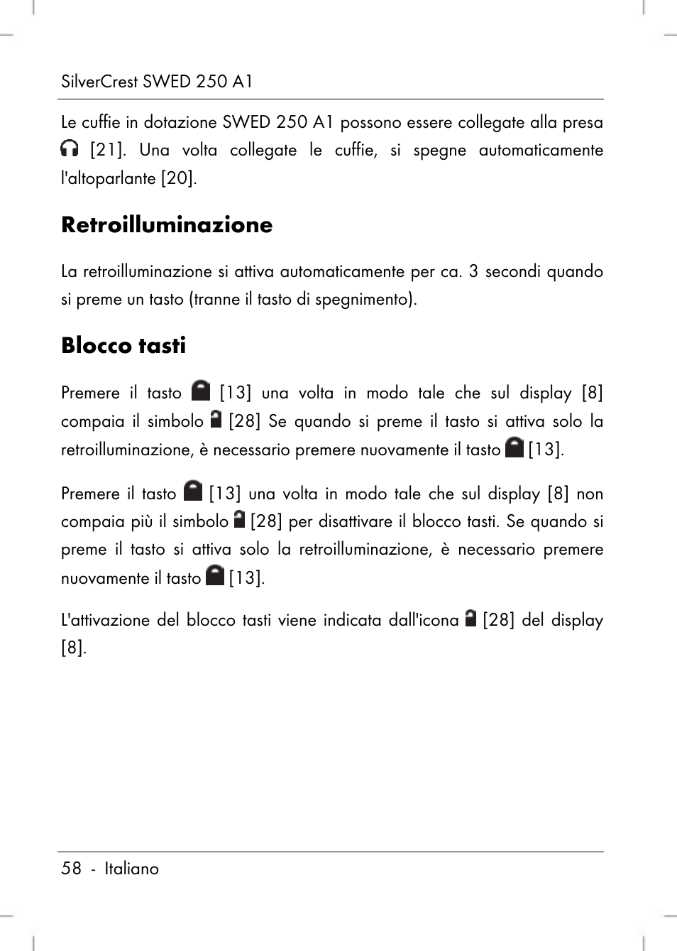 Retroilluminazione, Blocco tasti | Silvercrest SWED 250 A1 User Manual | Page 60 / 158