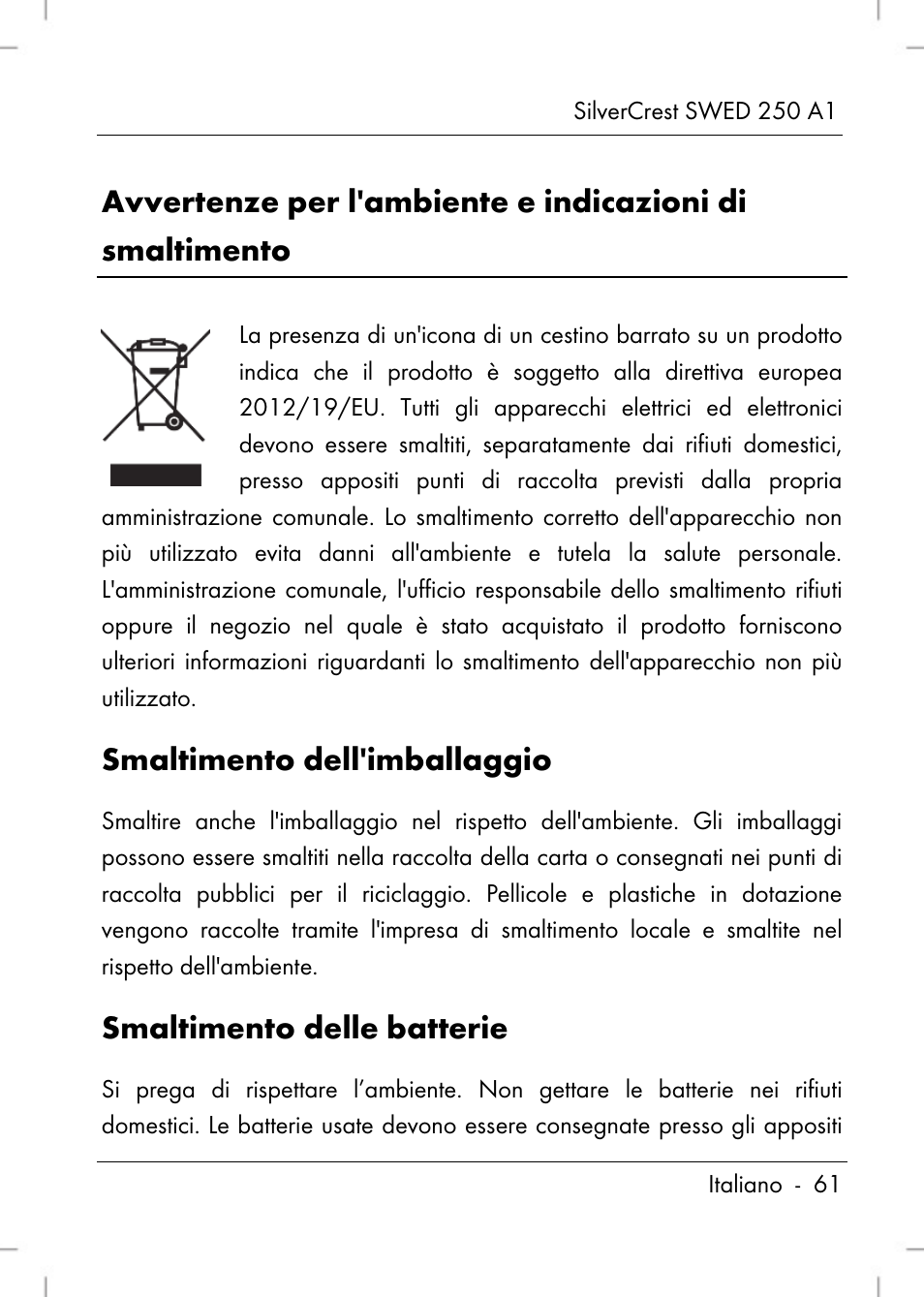 Smaltimento dell'imballaggio, Smaltimento delle batterie | Silvercrest SWED 250 A1 User Manual | Page 63 / 158