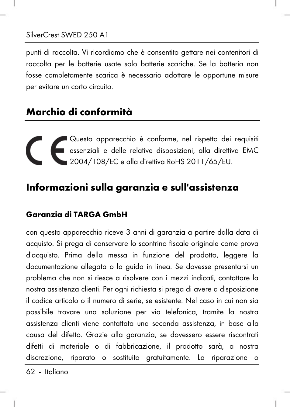 Marchio di conformità, Informazioni sulla garanzia e sull'assistenza | Silvercrest SWED 250 A1 User Manual | Page 64 / 158