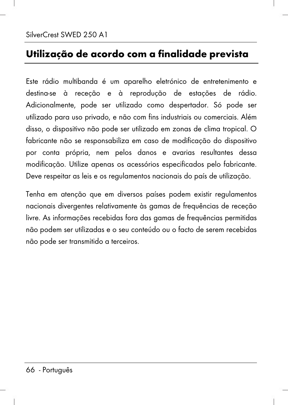 Utilização de acordo com a finalidade prevista | Silvercrest SWED 250 A1 User Manual | Page 68 / 158