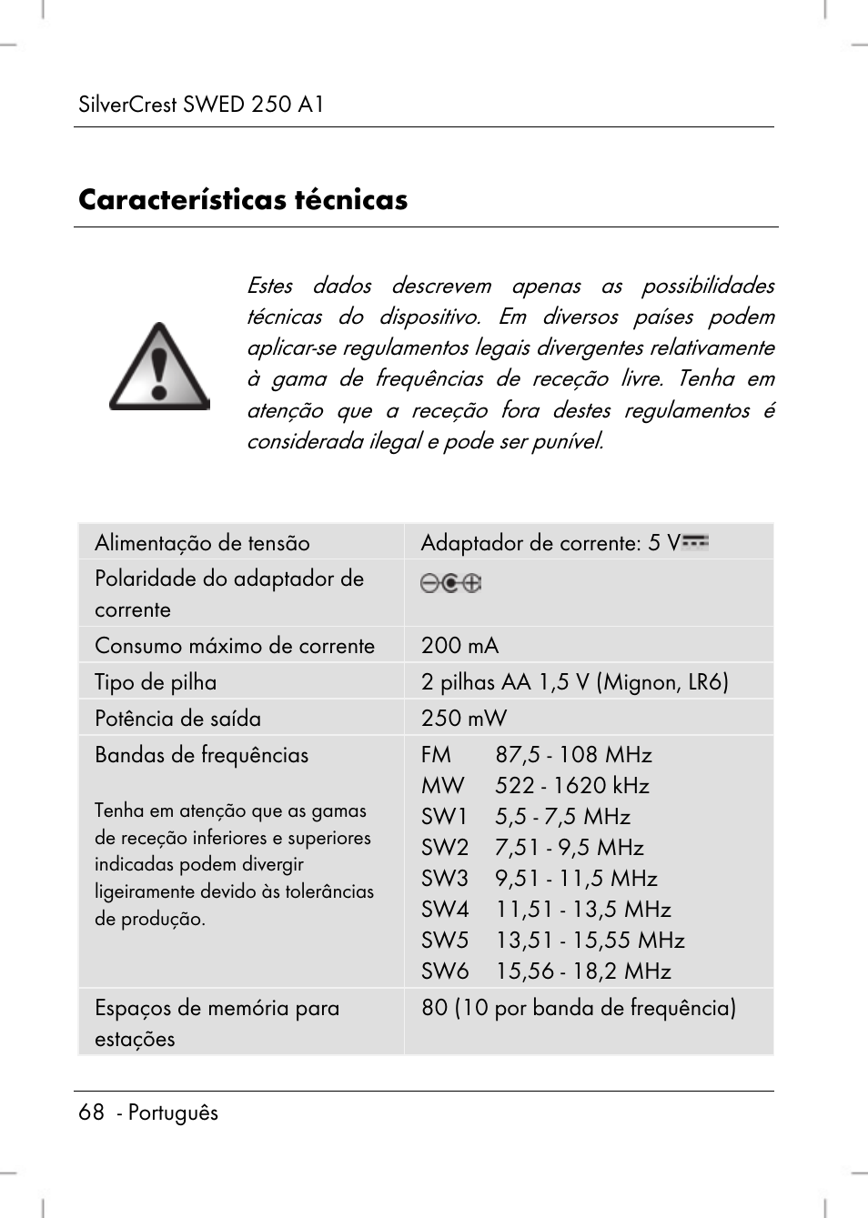 Características técnicas | Silvercrest SWED 250 A1 User Manual | Page 70 / 158