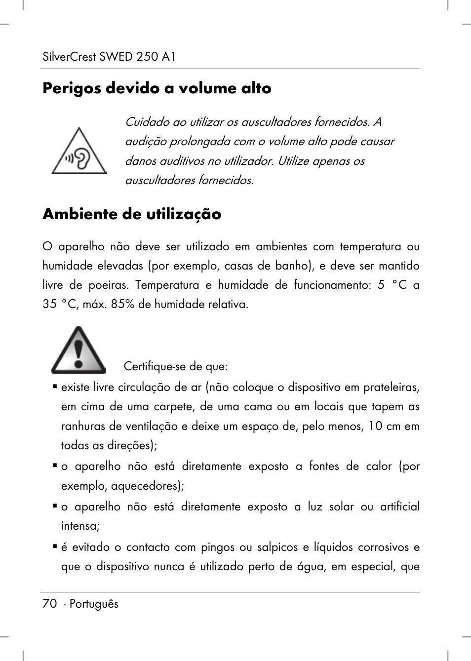 Perigos devido a volume alto, Ambiente de utilização | Silvercrest SWED 250 A1 User Manual | Page 72 / 158