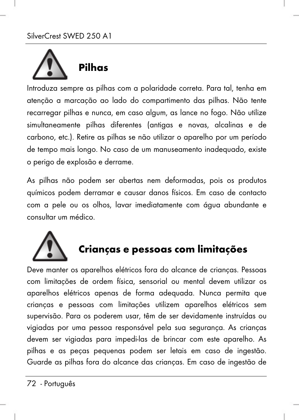 Pilhas, Crianças e pessoas com limitações | Silvercrest SWED 250 A1 User Manual | Page 74 / 158