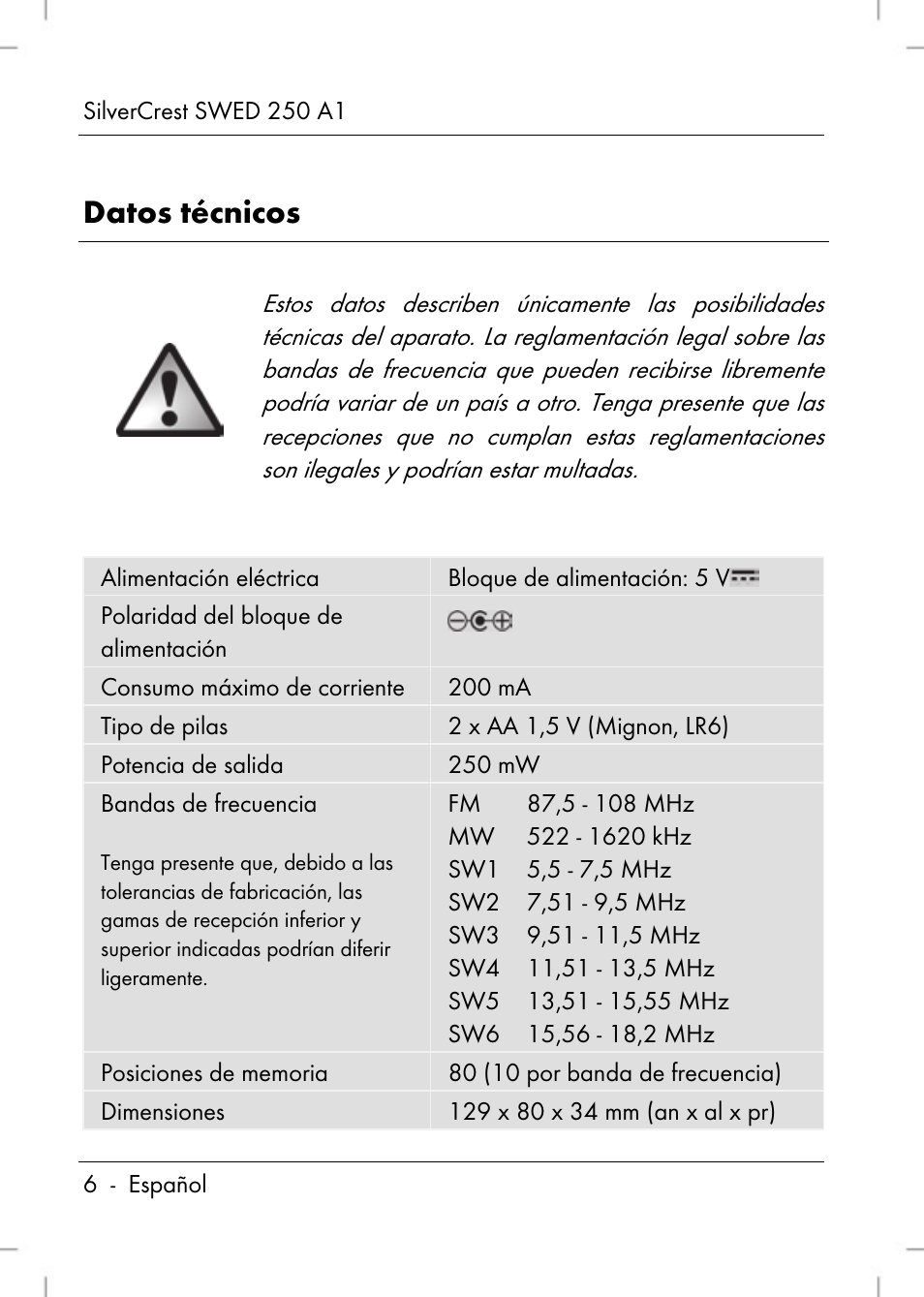 Datos técnicos | Silvercrest SWED 250 A1 User Manual | Page 8 / 158