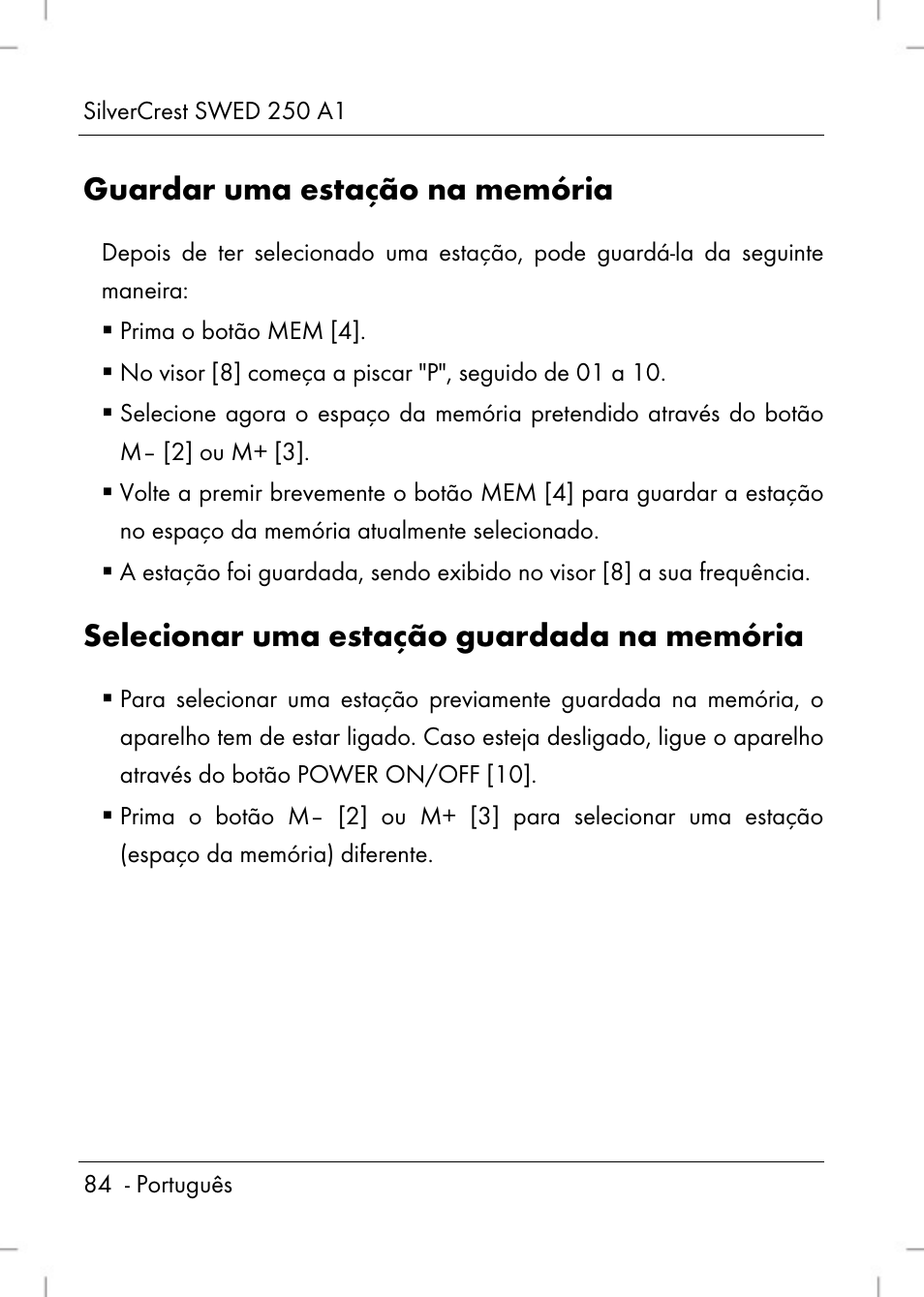 Guardar uma estação na memória, Selecionar uma estação guardada na memória | Silvercrest SWED 250 A1 User Manual | Page 86 / 158