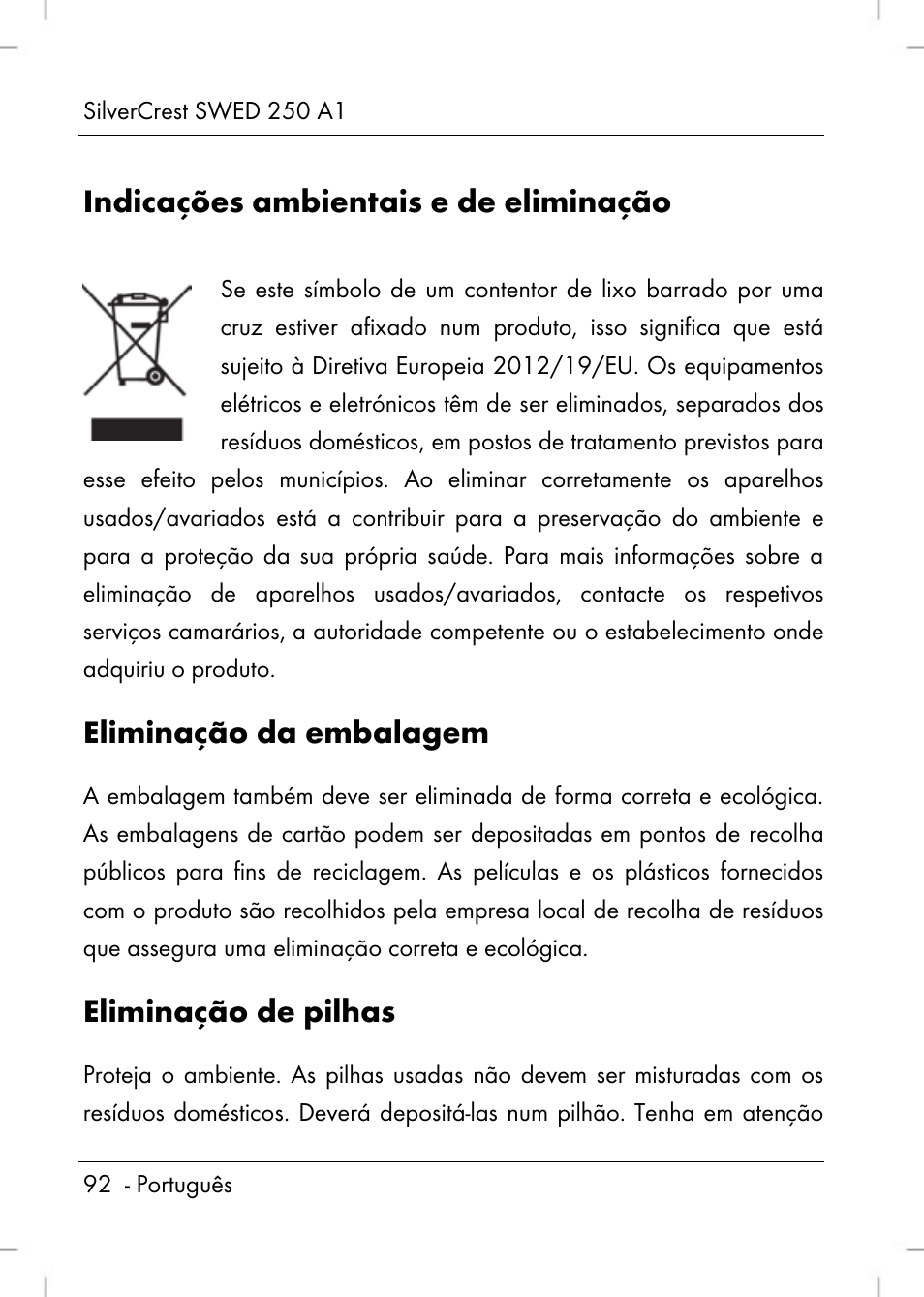 Indicações ambientais e de eliminação, Eliminação da embalagem, Eliminação de pilhas | Silvercrest SWED 250 A1 User Manual | Page 94 / 158