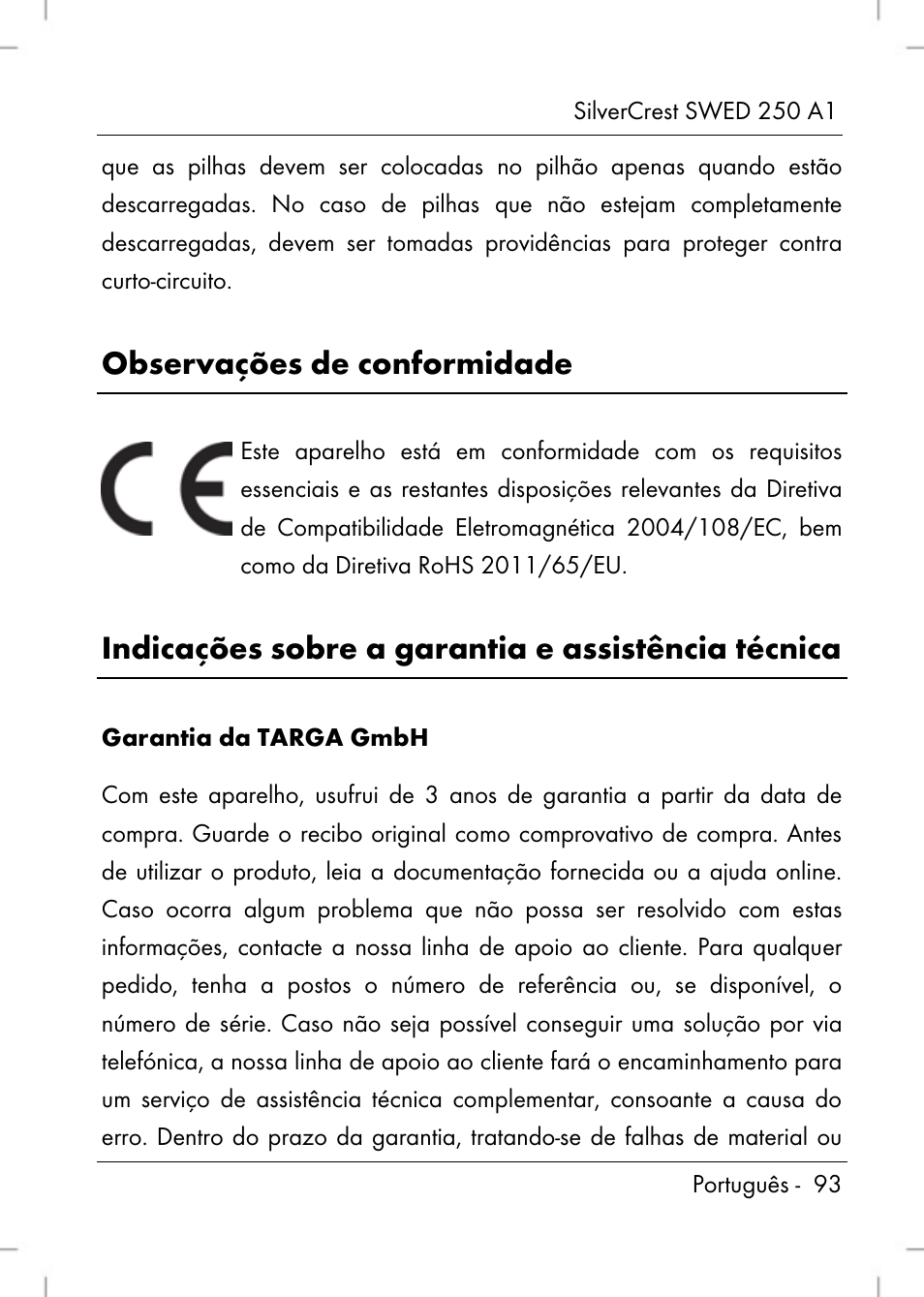 Observações de conformidade, Indicações sobre a garantia e assistência técnica | Silvercrest SWED 250 A1 User Manual | Page 95 / 158