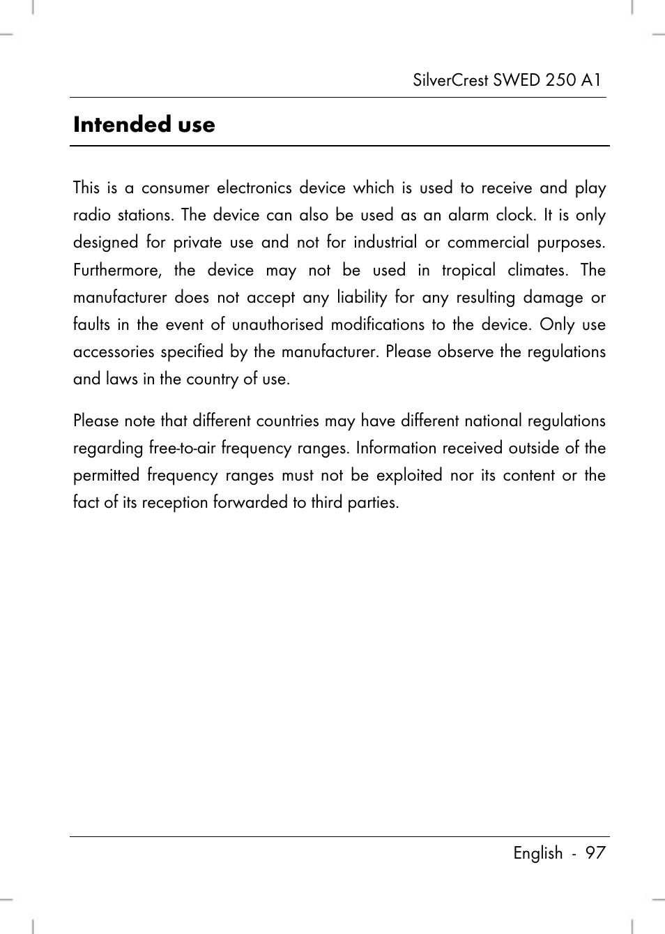 Intended use | Silvercrest SWED 250 A1 User Manual | Page 99 / 158